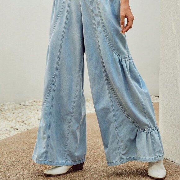 Blue Casual Womens High Waist Ruffle Hem Wide Leg Jeans - Picture 3 of 5